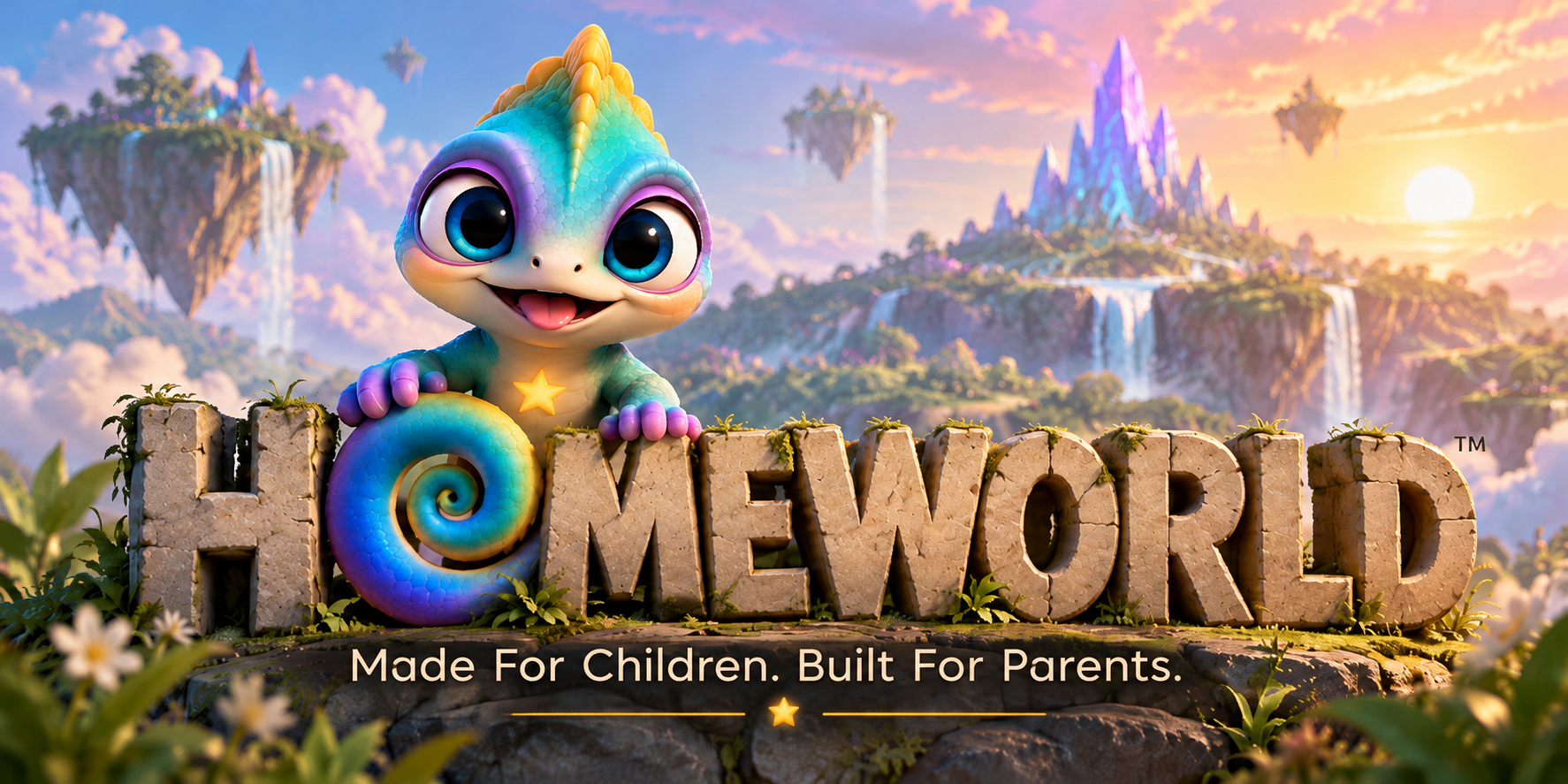 Nova, a colorful smiling chameleon, welcomes visitors to a magical world of floating islands. HomeWorld: Made For Children. Built For Parents.
